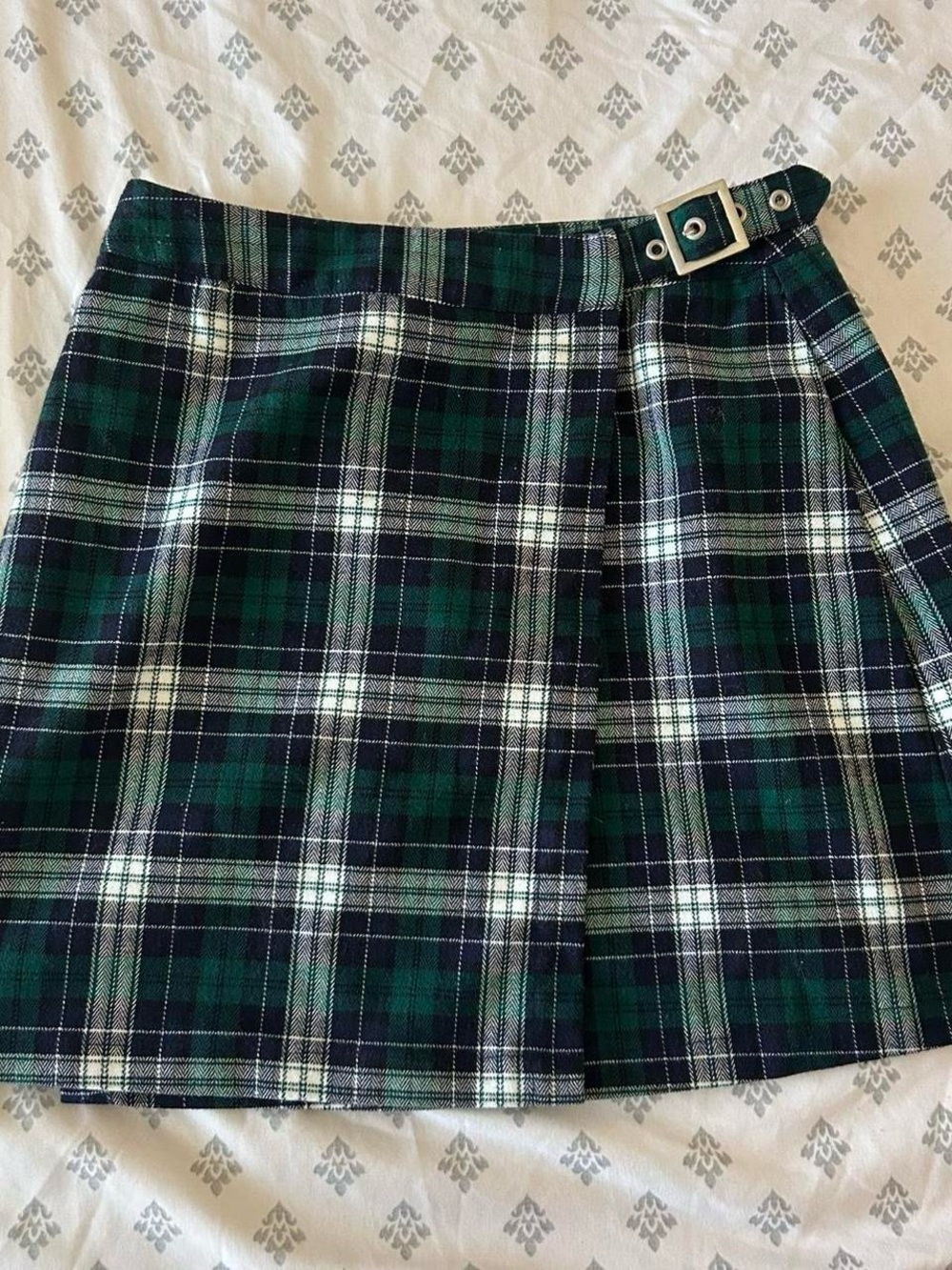 Brandy Melville Green & Navy Plaid Mini Skirt with Buckle